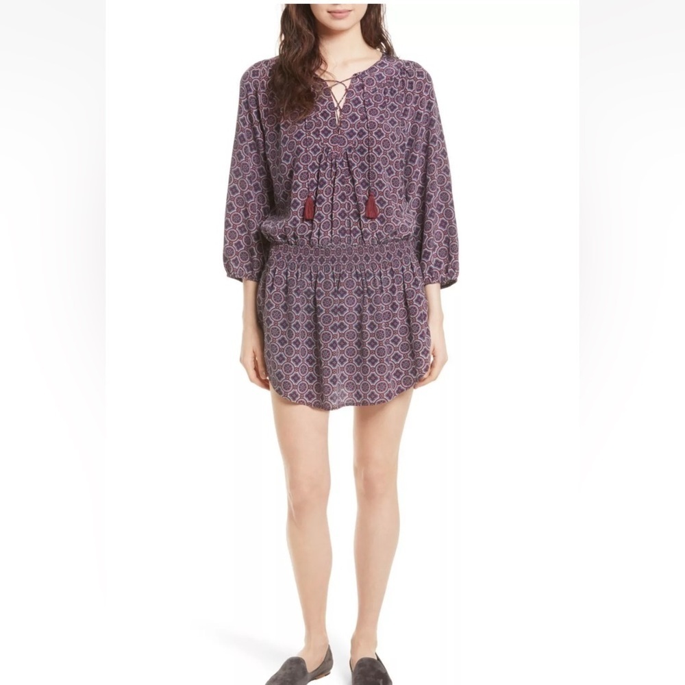 JOIE Red Blue Currant Medallion Print Lace-Up Blouson Silk CORRA B. Mini Sz M